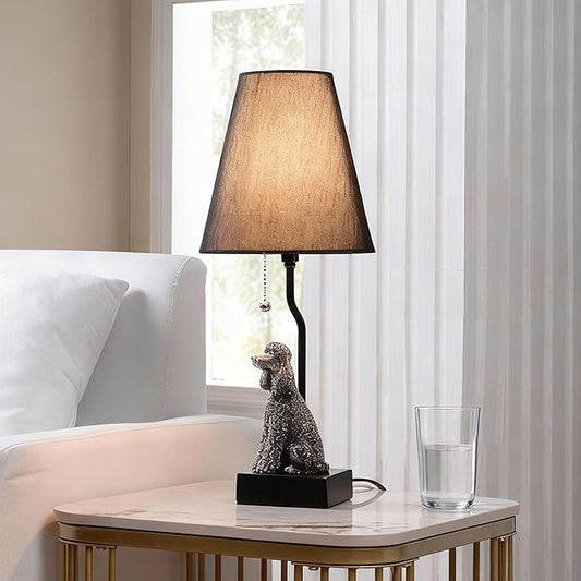 Portable Poodle Table Lamp with USB-C & USB-A Charging Ports, Black Fabric Shade & Dog Figurine Base, Nightstand/Bedside Lamp with Pull Chain Switch – Gift for Dog Lovers 24094 - Bloomnest