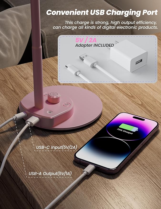 BOHON Cute Desk Lamp with USB Charging Port, Pink Lamp 3 Color Modes Dimmable LED Reading Lamp, Flexible Gooseneck Auto Dimming Table Task Light for Home Office Dorm Bedside, Pink - Bloomnest