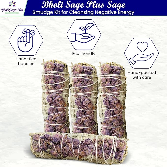 Lavender with White Sage - Bholi Sage Plus Sage Incense Sticks for Cleansing Negative Energy, Sage Sticks for House Cleansing - Lavender with White Sage Smudge Sticks Pack of 4 - Bloomnest