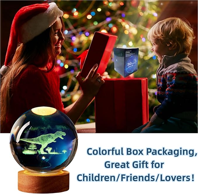 Dinosaur Crystal Ball Lamp, 3D K9 T-Rex, 3.15in USB Powered, 16 Colors Change, Remote Control, Night Light with Wooden Base, Gift Box - Bloomnest