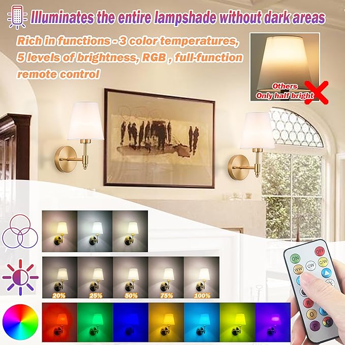 Battery Operated Wall Sconces Set of Two, Wireless Battery Wall Light with 10000mAh RGB Dimmable Magnetic Bulb and Remote, Rechargeable Sconce Wall Decor for Bedroom Living Room Hallway - Bloomnest