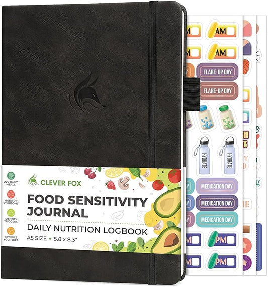Clever Fox Food Sensitivity Journal – Daily Intolerance & Symptom Log for IBS, Diabetic, Low Fodmap, Elimination Diet – Health Tracker (Black) - Bloomnest