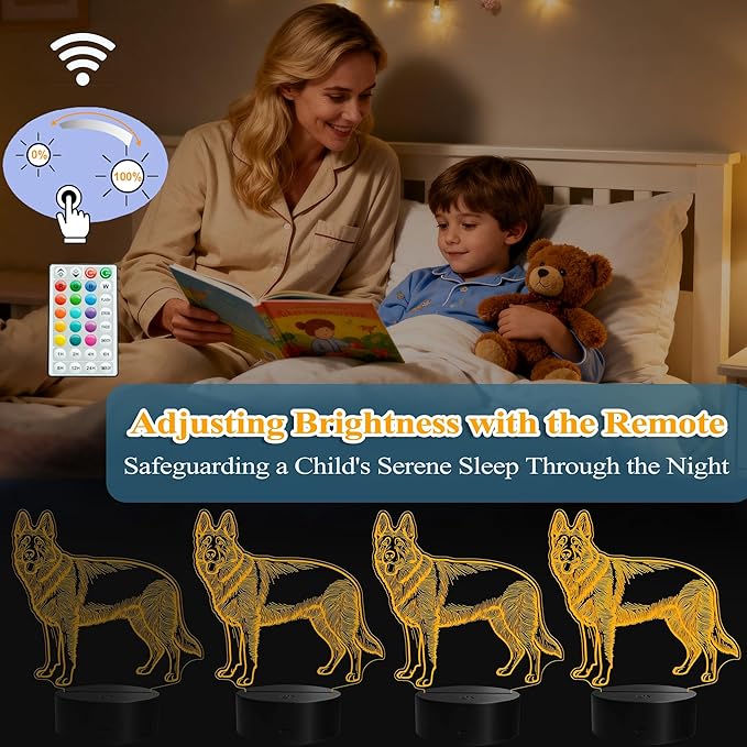 German Shepherd Night Light, German Shepherd Gifts, 3D Illusion Lamp with Remote Control, 16 RGB Colors, 4 Flashing Modes, Timer, Dimmable, Kids Room Dog Decoration for Holiday Birthday Christmas - Bloomnest