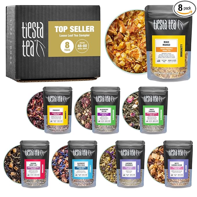 Tiesta Tea - Top 8 Favorites Sampler Set, Loose Leaf, Up to 80 Cups, High to No Caffeine, Hot & Iced, Tea Variety Pack with Green, Herbal, Black & Chai Brew, 8 Sample Pouches - Bloomnest