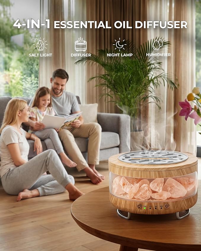 Essential Oil Diffuser with Himalayan Salt Lamp, 350ml Ultrasonic Aromatherapy Humidifier, 7 Colors LED Light, Timer & Auto Shut-Off for Home Bedroom Office Spa Yoga Bloomnest