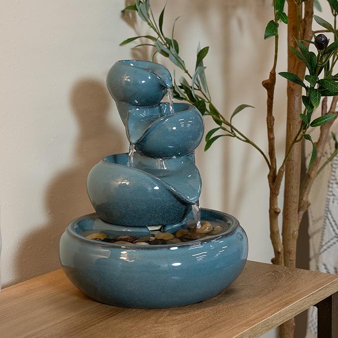 Sunnydaze Tiered Vessels Ceramic Tabletop Water Fountain - Relaxing Indoor Fountain for Office, Bedroom, or Living Room - Teal