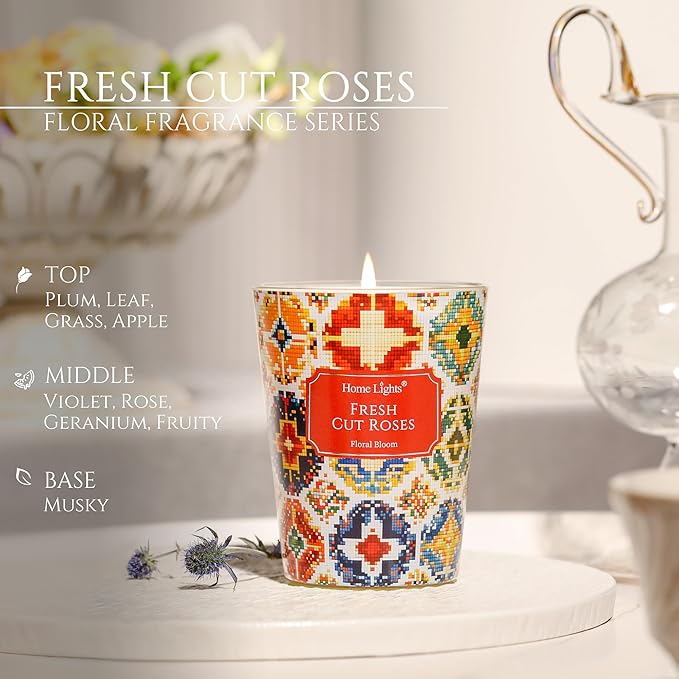 HomeLights Large jar Candle | 1-Wick Long-Lasting Scented Candles, 6.7oz Natural Soy Wax Candle for Home Scented, Bohemian Natural Textures Gifts for Women & Men, Fresh Cut Roses - Bloomnest
