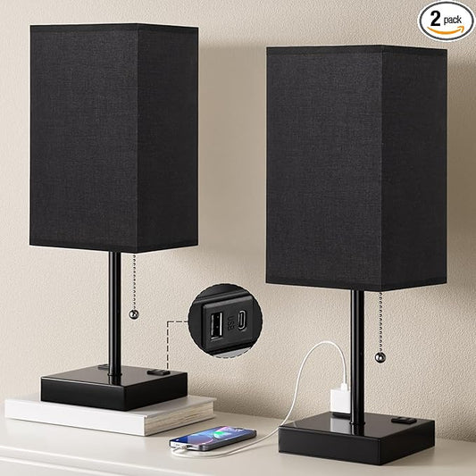Plus Black Bedside Table Lamps Set of 2 - Bedroom Lamps with 3 Colors (3000K/5000K/4000K), Square Nightstand Lamp with USB C + A Charging Ports and 2 AC Outlets, Pull Chain Night Light for End Table - Bloomnest
