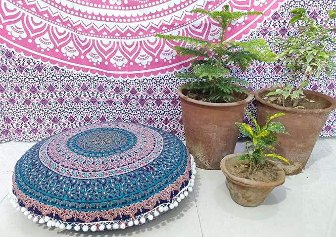 INDIAN CRAFT CASTLE 24" Brown Peacock Mandala Barmeri Large Floor Pillow Cover Cushion Meditation Seating Ottoman Throw Cover Hippie Decorative Zipped Bohemian Pouf Ottoman Pom Pom Cases 24" Round - Bloomnest