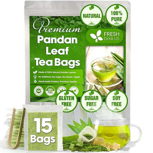 FreshDrinkUS, Premium 15 Pandan Leaf Tea Bags, 100% Natural & Pure from Pandan Leaves. Loose Leaf Pandan Herbal Tea. Made with Natural Material Tea Bags. No Sugar, No Caffeine, No Gluten, Vegan. (15 Tea bags) - Bloomnest