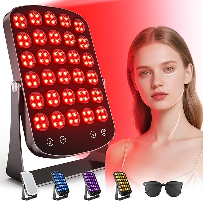Red Light Therapy Panel, 460/590/660/850nm 4-Color Light Mode, 120 LEDs Facial Infrared Light Therapy Devices with Lighted Makeup Mirror, Timer, Portable Red Light Therapy for Face, Body, Pain Relief Morfone