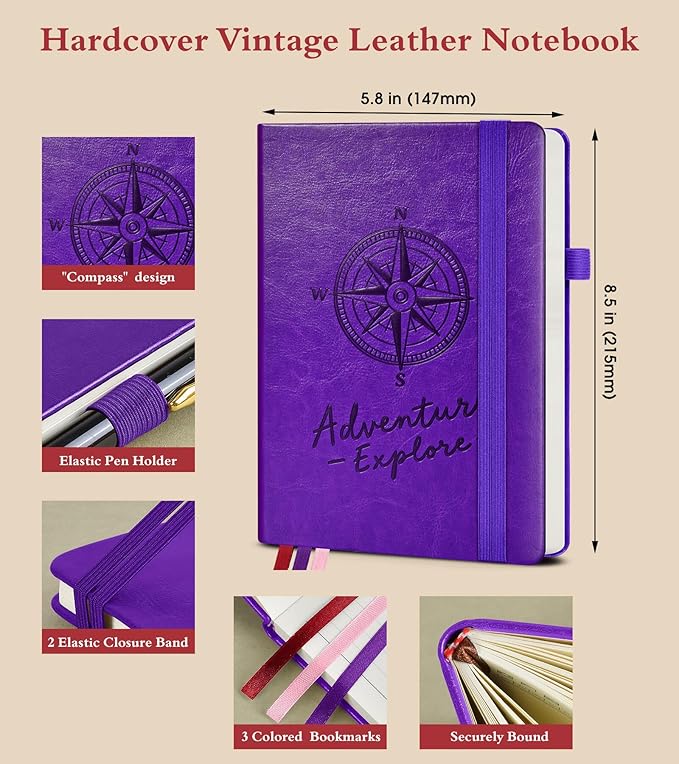 Lined Journal Notebook for Women Men, 160 Pages, A5 Hardcover Vintage Leather Journaling Notebooks for Work, School, Note Taking, Travel, Bible Study, Daily Diary for Writing 5.8"x8.5" (Purple)
