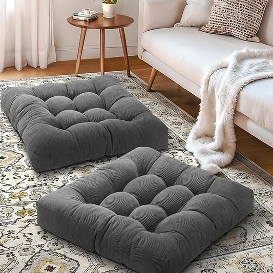 Floor Pillow Cushions for Adults Sitting Large Big Pillows for Floor Seating Square Memory Foam Thick Tufted, 22 x 22 Inch, Set of 2, Dark Grey - Bloomnest