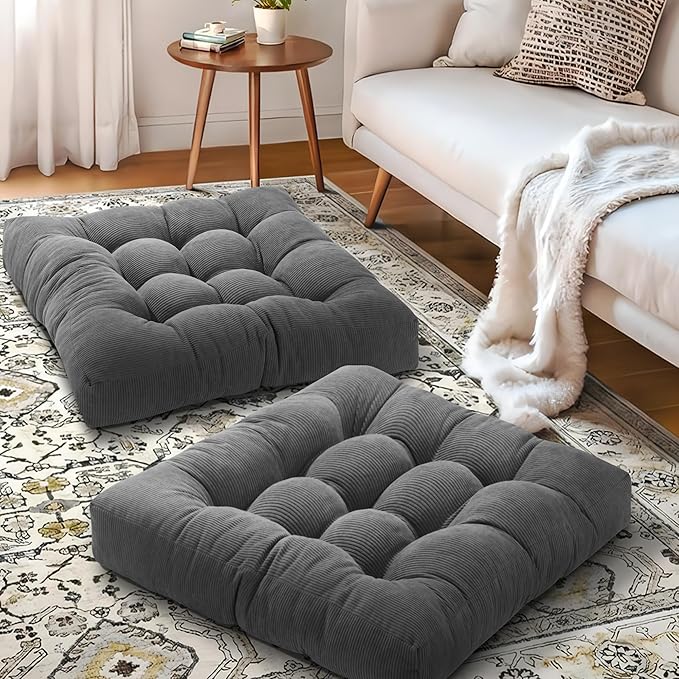 Floor Cushions for Adults Floor Pillows for Sitting Large Square Tufted Meditation Pillows Memory Foam 2 Pcs, 24" x 24", Dark Grey - Bloomnest