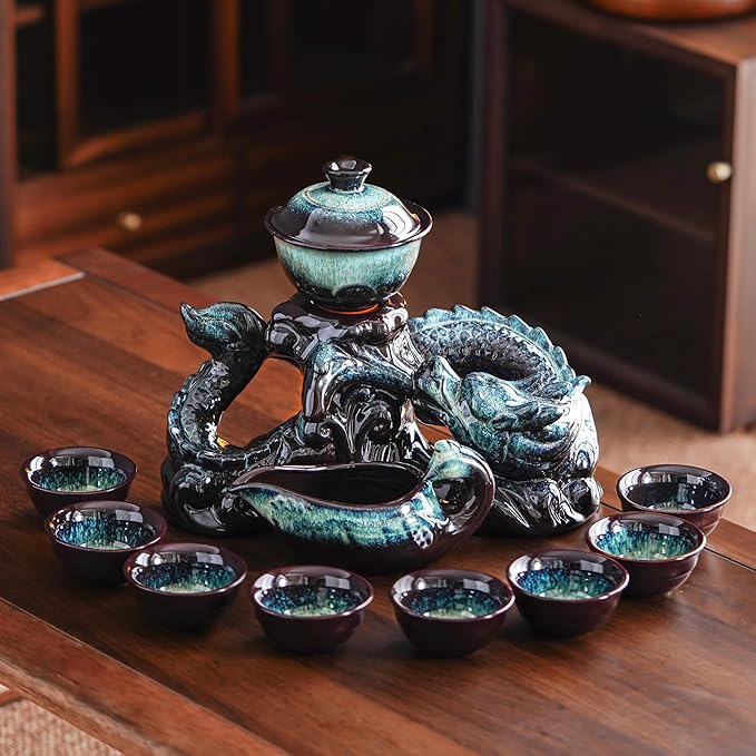 Semi Automatic Tea Set Ceramic Teapot with Infuser Magic Teapot with 8 cups Gradient Color (Gradient Dragon- D) - Bloomnest