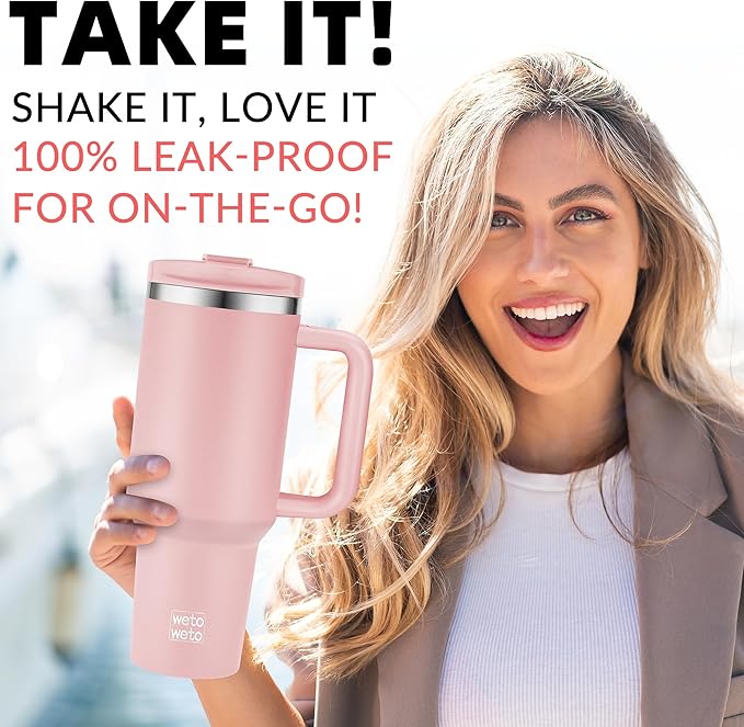 WETOWETO 40oz Tumbler with Handle and Lid | 100% Leakproof Insulated Stainless Steel Travel Mug | Keeps Cold 34Hrs/Hot 10Hrs | Dishwasher Safe, Fits Car Cup Holder (Blush Color) - Bloomnest