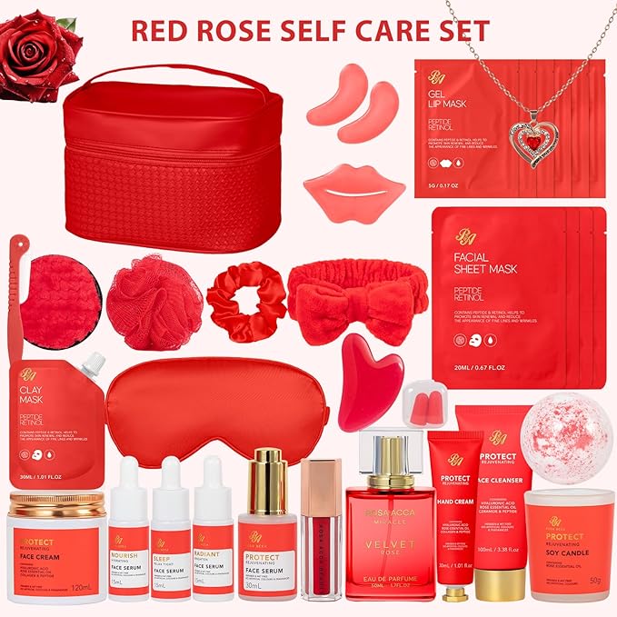 33 pcs Valentines Day Gifts for Women, Red Rose Spa Bath & Body Gift Set, Face Sheet Mask Skin Care, Hydrogel Mask, Lip Gloss, Cosmetic Bag, Serum, Necklace, Cleanser, Gua Sha, Mother Day, Birthday - Bloomnest