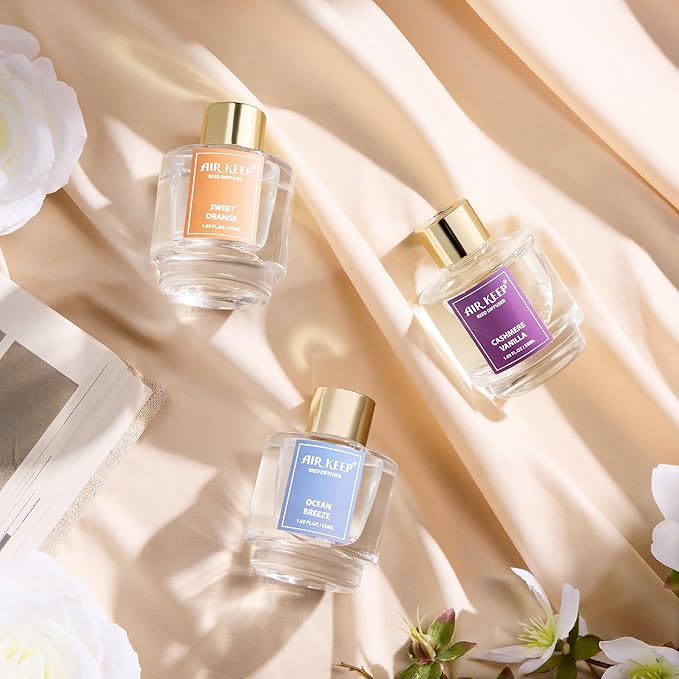 Airkeep Reed Diffuser Set of 3, Ocean Breeze Sweet Orange Cashmere Vanilla Oil Reed Diffusers for Bedroom Living Room Office Aromatherapy Oil Reed Diffuser for Gift 50ml x 3 - Bloomnest