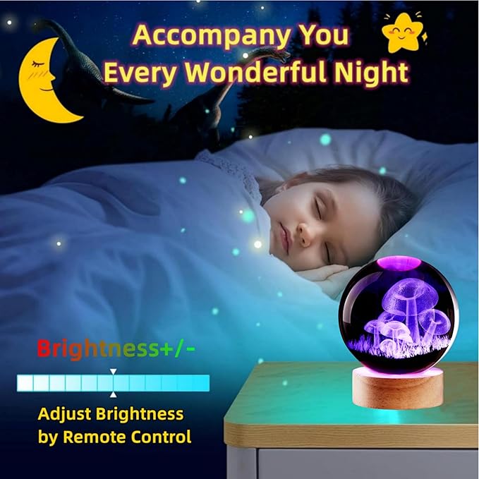 3.15 inch Mushroom Crystal Ball lamp,3D K9 Mushroom Crystal Ball Night Light with Wooden Base,16 Colors Change with Remote Control (Moon) - Bloomnest