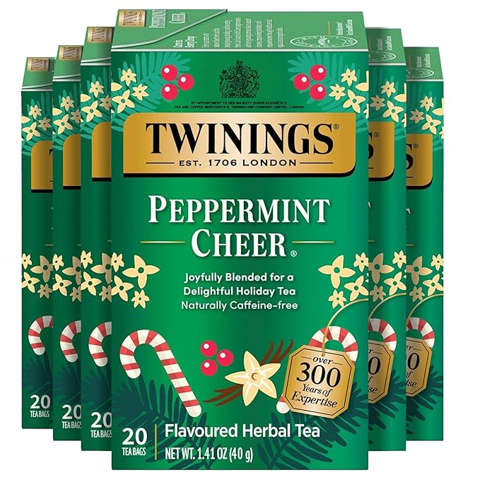 Twinings Peppermint Cheer Herbal Tea Individually Wrapped Bags, 20 Count (Pack of 6), Peppermint & Creamy Vanilla, Naturally Caffeine-Free, Enjoy Hot or Iced, 120 Teabags - Bloomnest