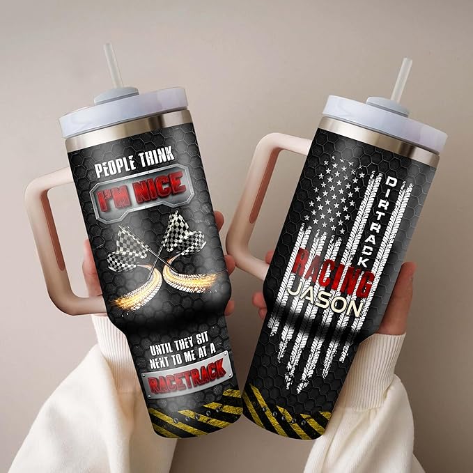 WAZONE Personalized Dirt Track Racing Tumbler 40oz with Handle and Straw Custom Name Motorcycle American Flag Patriotic Travel Coffee Mug Novelty Motor Racer Gift for Motorsport Lovers Men - Bloomnest