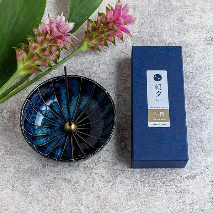 Gift Set: Sandalwood Incense Sticks & Navy Blue Lotus Holder by Asayu Japan - Bloomnest