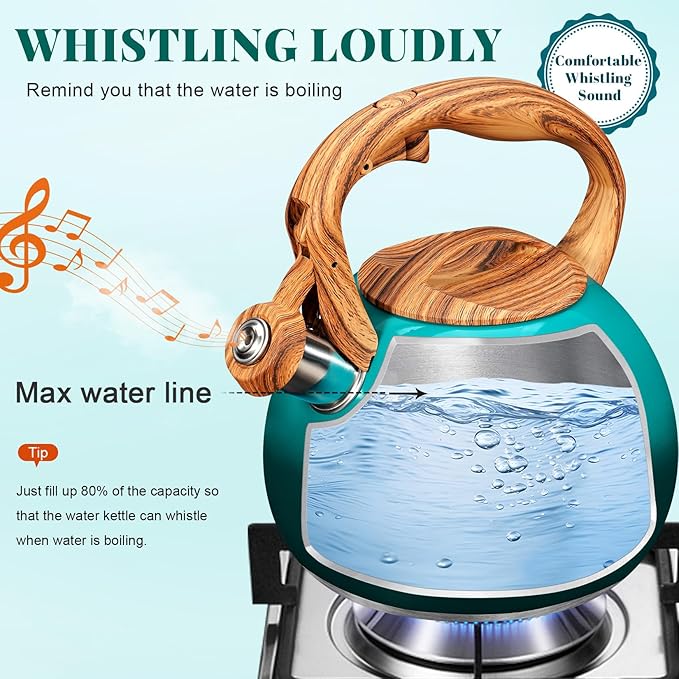 GGC Tea Kettle for Stove Top, 3.1QT/3L Whistling Tea Kettles for Boiling Water Coffee or Milk, Gradient Green Tea Pot with Wood Parttern Handle, Stainless Steel Tea Pot for Home and Kitchen - Bloomnest