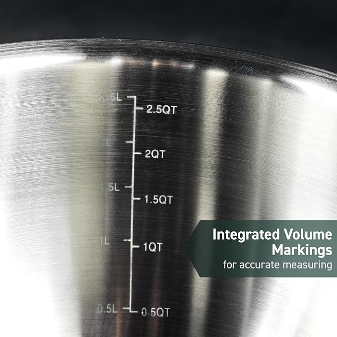 HexClad Stainless Steel Mixing Bowl Set, 3-Piece with Vacuum Seal Lids and Non-Slip Base, 1.3,3 and 5 Quarts - Bloomnest