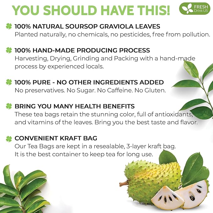 FreshDrinkUS, Premium 10 Soursop Graviola Leaf Tea Bags, 100% Natural & Pure from Soursop Leaves, Hoja Guanabana Herbal Tea. Made with Natural Material Tea Bags. No Sugar, No Caffeine, Vegan. - Bloomnest