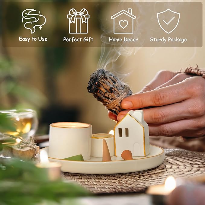 ZenBless 5 in 1 Incense Holder Burner for Palo Santo, Sage, Incense Sticks/Cones and Candle - Ceramic Incense Cone Smudge Tray,Aromatherapy Home Decoration - Bloomnest