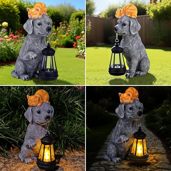 ILLUMINEW Solar Dog Garden Statue with Lantern and Sleeping Cat – Resin Pet Figurine Light for Outdoor Yard Decor, Gifts for Women, Mom, Grandma - Bloomnest