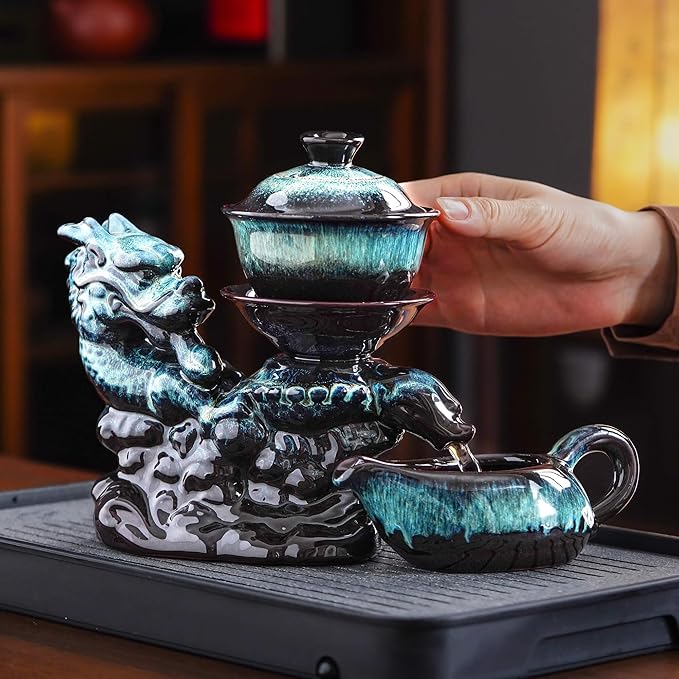 Ceramic Teapot with Infuser Semi Automatic Tea Set Magic Teapot with 8 cups Gradient Color (Gradient Dragon- B) - Bloomnest
