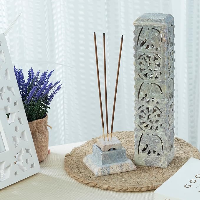 Crocon Handmade Incense Stick Holder Soapstone Incense Tower Burner | Candle Stand Tea Light Holder |Office Decor Room Fragrance Decorative Kitchen Home Spa Great Gift Set - 11X3X3 Inch