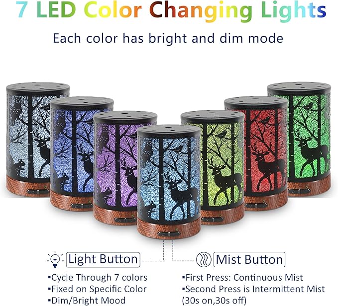 EQUSUPRO Essential Oil Diffuser 150ml Metal Aromatherapy Oil Diffuser Ultrasonic Cool Mist Diffuser with Auto Shut-Off Protection,7 Colors Changed LED for Home Office SPA Yoga (Deer) - Bloomnest