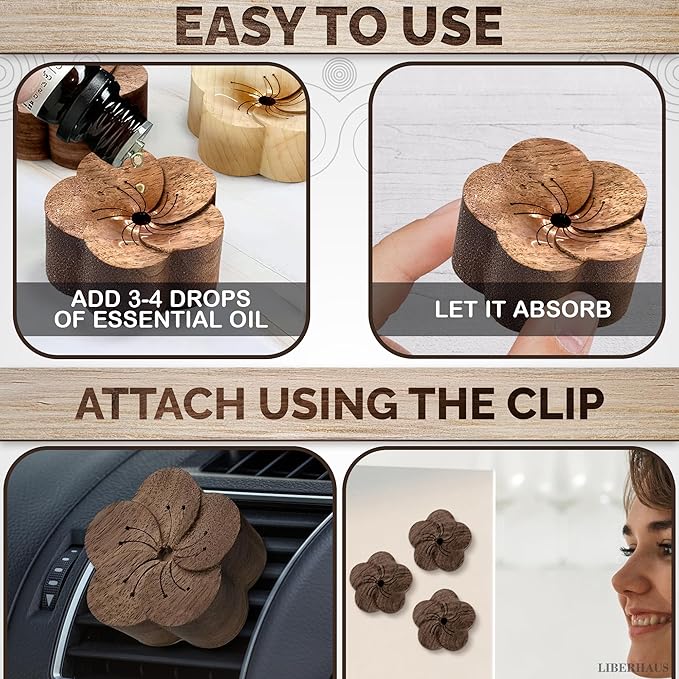 2 Pcs Car Diffusers for Essential Oils – Wooden Car Essential Oil Diffuser Vent Clip with Magnetic Clip, Easy to Use for Refreshing Your Space – Vintage Design for Aromatherapy at Home & in Car - Bloomnest