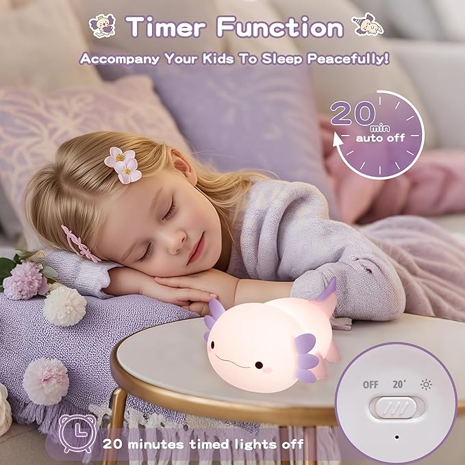 Axolotl Night Light for Kids,Cute Purple Axolotl Lamp ,LED Squishy Nursery Nightlight, Food Grade Soft Silicone Novelty Animal Bedside Lamp,Adorable Room Decor , Axolotl Gitfs for Mother Girls Baby - Bloomnest
