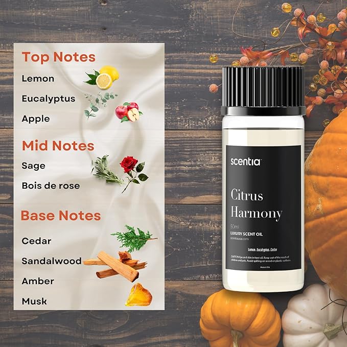 Scentia Citrus Harmony Essential Oil Blend – 50ml Bright Aromatherapy Oil with Lemon, Eucalyptus & Musk | Compact Diffuser Oil for Home, Travel, Gifting & DIY Candles Scentia