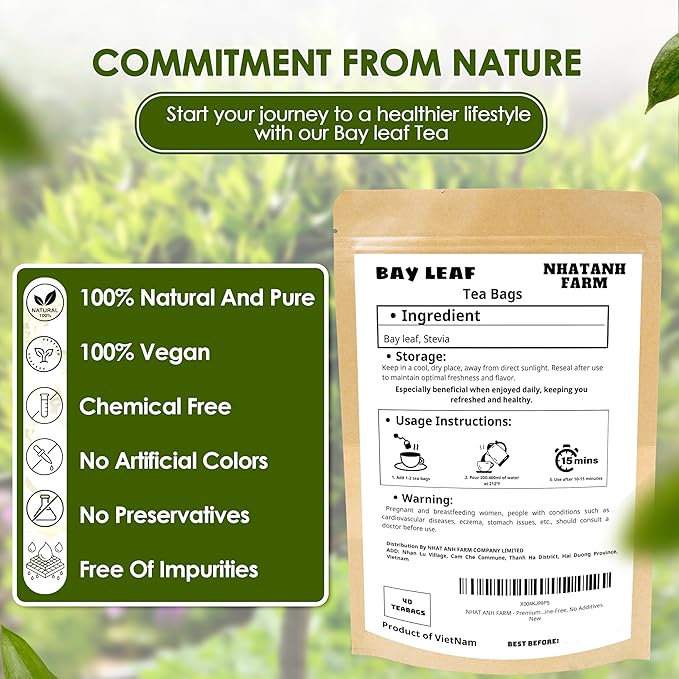 NHAT ANH FARM - Premium Bay Leaf Tea Bags, 40 Tea Bags, 100% Natural Dried Bay Leaf, Naturally Sweet Herbal Tea, Sugar-Free, Caffeine-Free, No Additives. - Bloomnest
