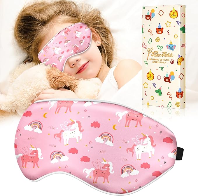 Sleep Mask for Kids - Silk Eye Mask for Sleeping Cute Cartoon Kids Sleep Mask for Boys Girls Teens Soft Smooth Adjustable Straps Silk Kids Eye Cover, PK Rainbow Unicorn - Bloomnest