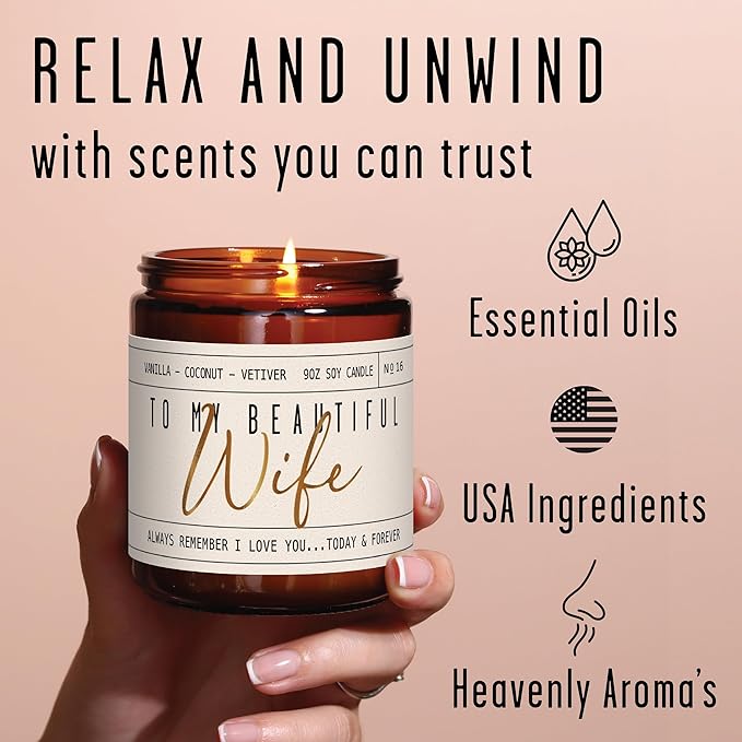 Wedding Anniversary Gifts for Wife, Wife Gifts - "To My Beautiful Wife" Soy Candle, w/Vanilla, Coconut & Vetiver I Gift for Wife from Husband I Anniversary Gifts for Women I 50Hr Burn, Made in USA - Bloomnest