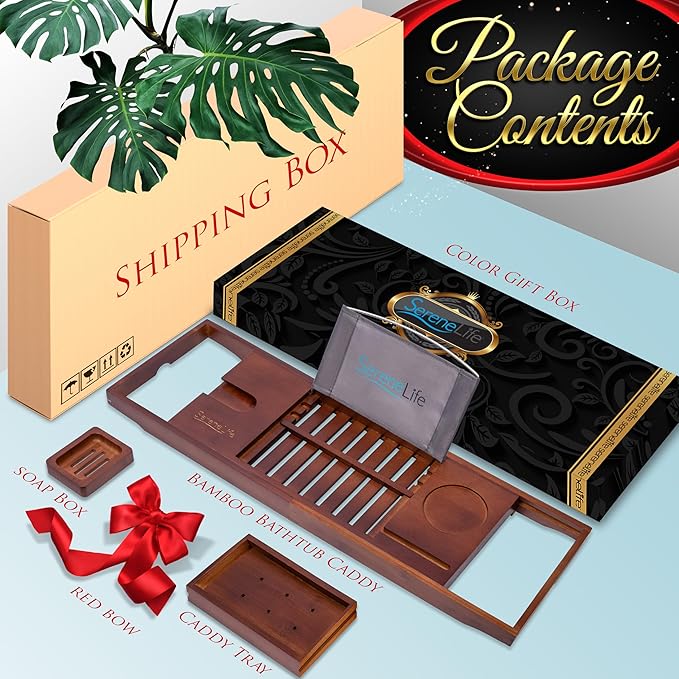 SereneLife Premium Bathtub Tray Caddy with Gift Box and Bow Set, Expandable Bath Tray, Unique House Warming Gifts for Mom, Women, Wedding, Anniversary, Bridal Shower, Fit for All Tub - Stain Brown - Bloomnest