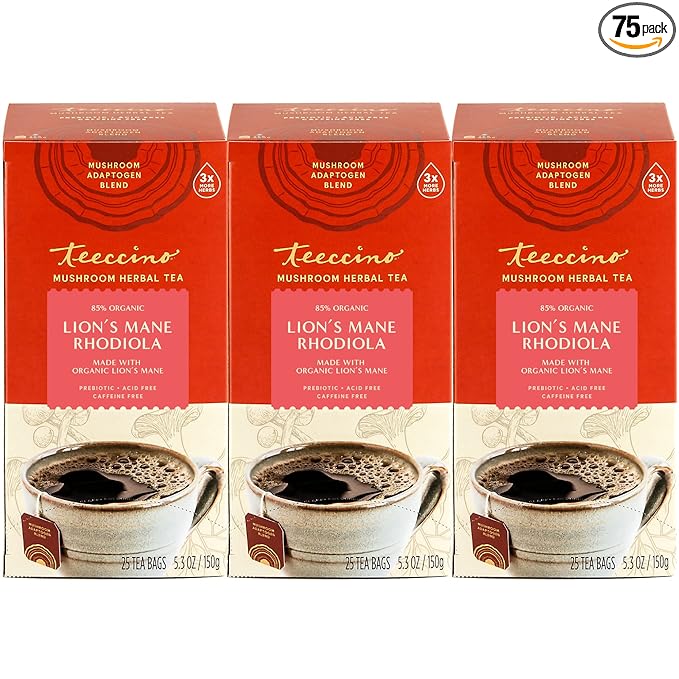 Teeccino Lion’s Mane Rhodiola Tea - Rose - Caffeine-Free Mushroom Adaptogenic Herbal Tea, 3x More Herbs than Regular Tea Bags, Lightly Sweet from Dates & Figs, Chicory Prebiotic - 25 Tea Bags (Pack of 3) - Bloomnest