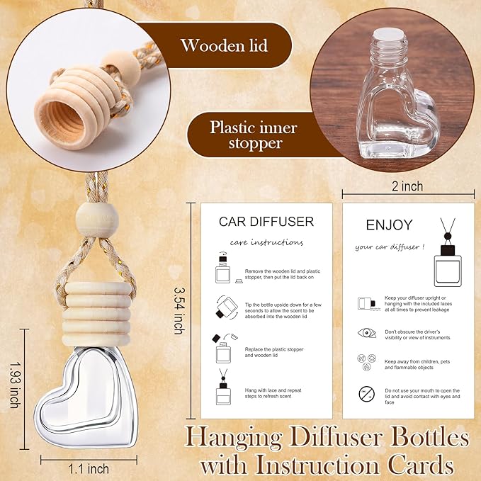 Boao 25 Sets Hanging Car Air Freshener Diffuser Bottles Empty Bulk with Car Diffuser Instruction Cards Organza Bags Glass Refillable Essential Oil Fragrance Aromatherapy Pendant (Heart,Clear) - Bloomnest