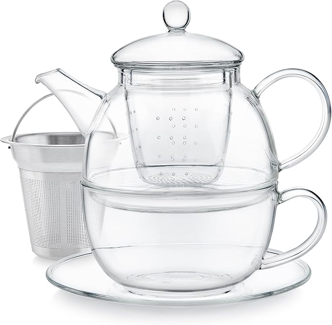 Teabloom Mindful Tea-for-One Set – 5-Piece Glass Teapot, Matching Cup & Saucer, Borosilicate & Stainless Steel Infusers, Elegant Gift for Personal Tea Rituals - Bloomnest