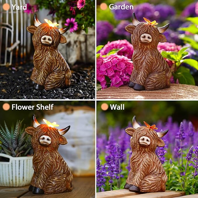 Solar Garden Statue Highland Cow Figurine – Outdoor Decoration with Butterfly for Garden Yard Lawn Home Decor Outside : Unique Gifts for Mom Grandma - Bloomnest