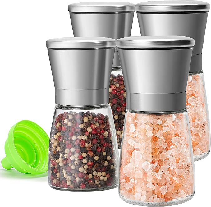Premium Stainless Steel Salt and Pepper Grinder Set of 4 - Adjustable Ceramic Sea Salt Grinder & Pepper Grinder - Glass Salt and Pepper Shakers - Pepper Mill & Salt Mill W/Funnel - Bloomnest