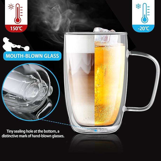 Joeyan Large Clear Double Walled Glass Coffee Mugs 16 oz, Double Layer Tea Latte Cappuccino Glasses Cups with Handle, Double Lined Insulated High Borosilicate Glassware for Hot Drinks, Set of 2 - Bloomnest