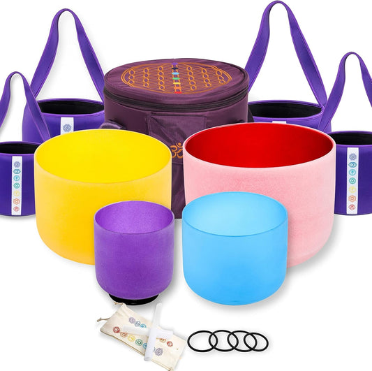 FMTY Singing Bowl Perfect Pitch 6B+8G+10E+12C Crystal Singing Bowl with Carrying Bag, Crystal Mallet, O-Ring Pure Quartz Crystal Sound Bowl for Meditation, Yoga, Spiritual Healing (Set of 4, Colored)