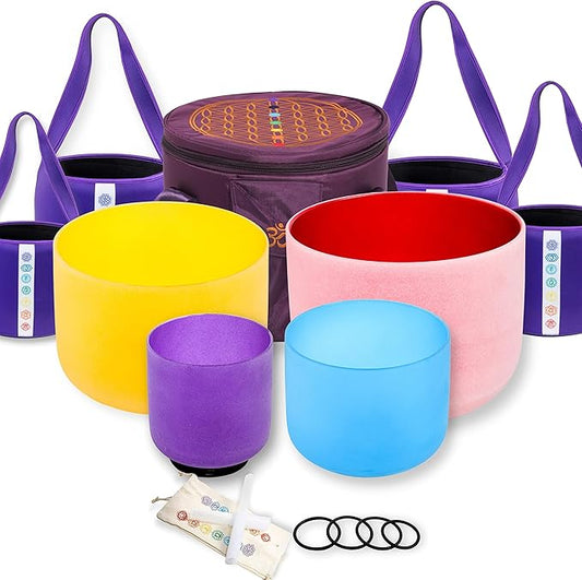 FMTY Singing Bowl Perfect Pitch 6B+8G+10E+12C Crystal Singing Bowl with Carrying Bag, Crystal Mallet, O-Ring Pure Quartz Crystal Sound Bowl for Meditation, Yoga, Spiritual Healing (Set of 4, Colored) - Bloomnest