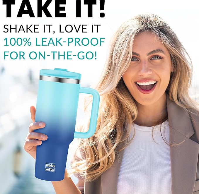 40oz Tumbler with Handle | Insulated Stainless Steel Travel Mug | 34Hrs Cold & 10Hrs Hot Retention | 100% Leakproof Lid & Straw | Dishwasher Safe + Car Cup Holder Fit (Light Dark Blue Gradient) - Bloomnest